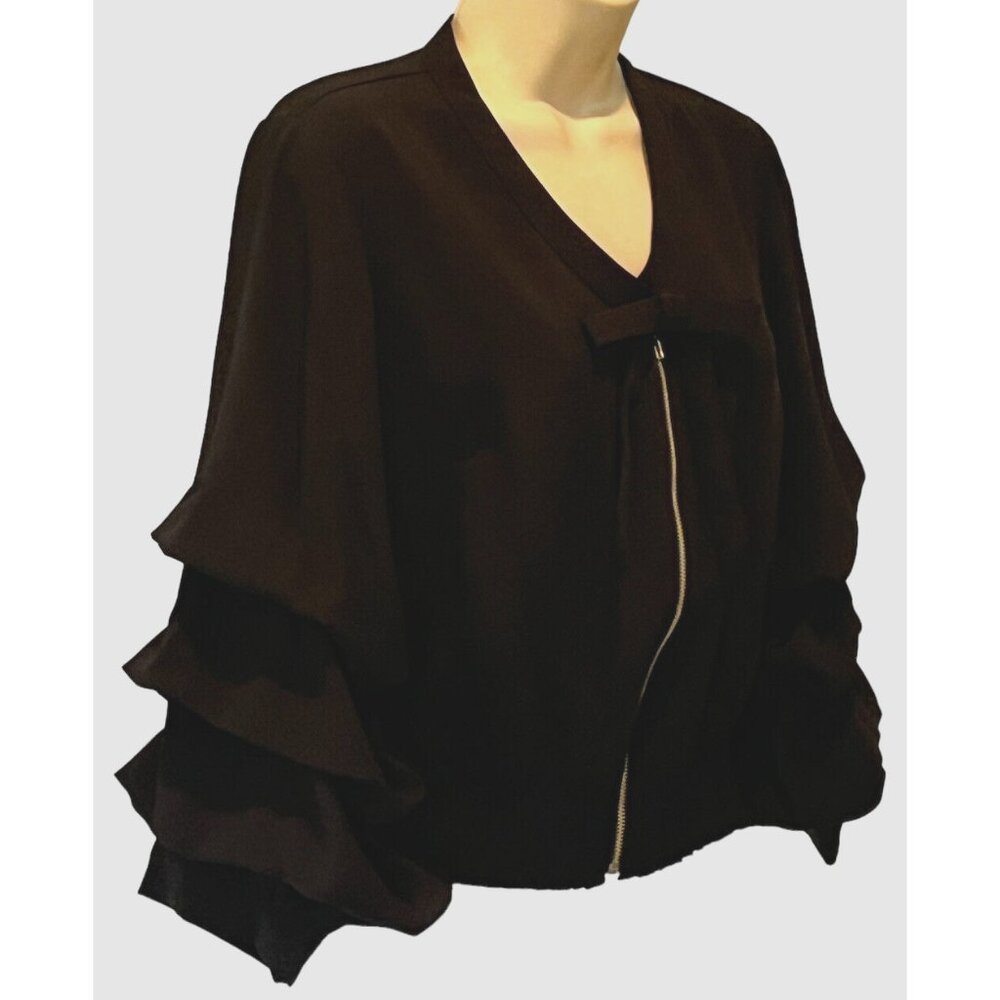 New Gracia Black Ruffle Sleeve V-Neck Zip Blouse Top - Picture 3 of 15